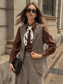 DAZY 2件套女士千鸟格无袖夹克和A字裙休闲套装，秋冬 - 棕色 - 查看 4