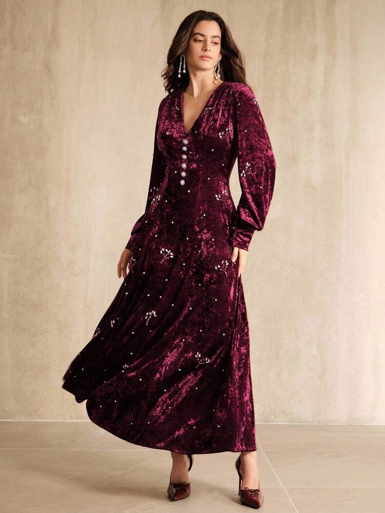 Luxury Rhinestone Embroidered Floral Velvet V-Neck Maxi Dress, Elegant For Fall, Winter, New Year, Party, Wedding