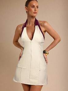 COSMINA 女士优雅V领束腰迷你连衣裙，春夏 - 杏色 - 查看 4