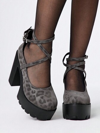 Goth Zapatos de tacón grueso con correa cruzada y punta cerrada estilo Mary Jane para mujer, con estilo punk gótico y rock, correa, uniforme japonés JK, plataforma impermeable, tacones altos formales para el trabajo, Halloween