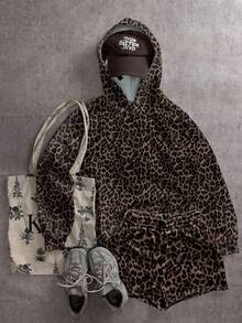 SHEIN EZwear 2件套休闲复古豹纹宽松短款连帽衫和运动衫套装 - 彩色 - 查看 5