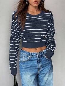 Chiquease Suéter holgado y casual a rayas y corto para mujer