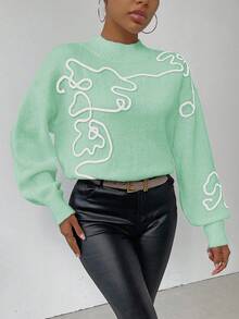 SHEIN LUNE 女士休闲3D图案针织毛衣，秋冬 - 綠色 - 查看 4