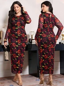 Modelyn Vestido elegante con estampado de malla y cintura para mujer de talla grande - Multicolor - Ver 1