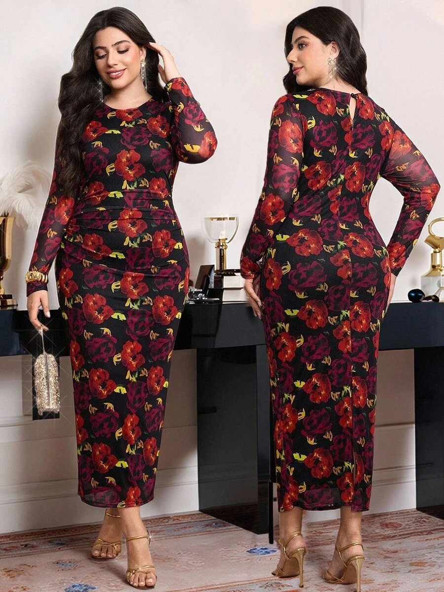 Modelyn Vestido elegante con estampado de malla y cintura para mujer de talla grande - Multicolor - Ver 1