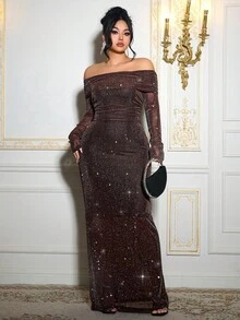 Roveilla 大码水钻装饰露肩修身长裙，派对装 - 咖啡棕 - 查看 5
