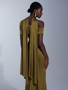 Elitara 优雅、浪漫、性感、时尚、绿色、弹力缎面、鱼尾下摆、拖尾、网红、节日、度假、生日派对、婚礼活动、伴娘礼服 - 軍綠色 - 查看 4