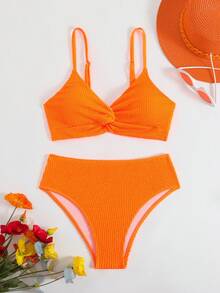 SHEIN Swim 女士紋理轉角前扭結無鋼圈泳衣套裝，適用於夏季海灘 - 橘色 - 查看 3