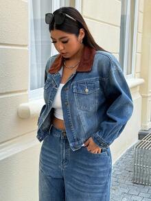 SHEIN ICON Plus Size Women Casual Street Denim Jacket, Autumn/Winter - Medium Wash - View 4