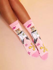 SpongeBob SquarePants | SHEIN 4 双可爱卡通女士柔软透气吸湿排汗中筒袜时尚休闲中筒袜加固脚趾和脚跟耐用四季百搭夏季冬季，Patrick，Squidward，Sandy - 彩色 - 查看 13