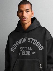 SUMWON Crop Fit Social Club Fleece Pullover Hoodie With Centre Pocket Varsity Design Logo Front Print Classic Hip Hop Streetwear Style Casual - Black - View 1