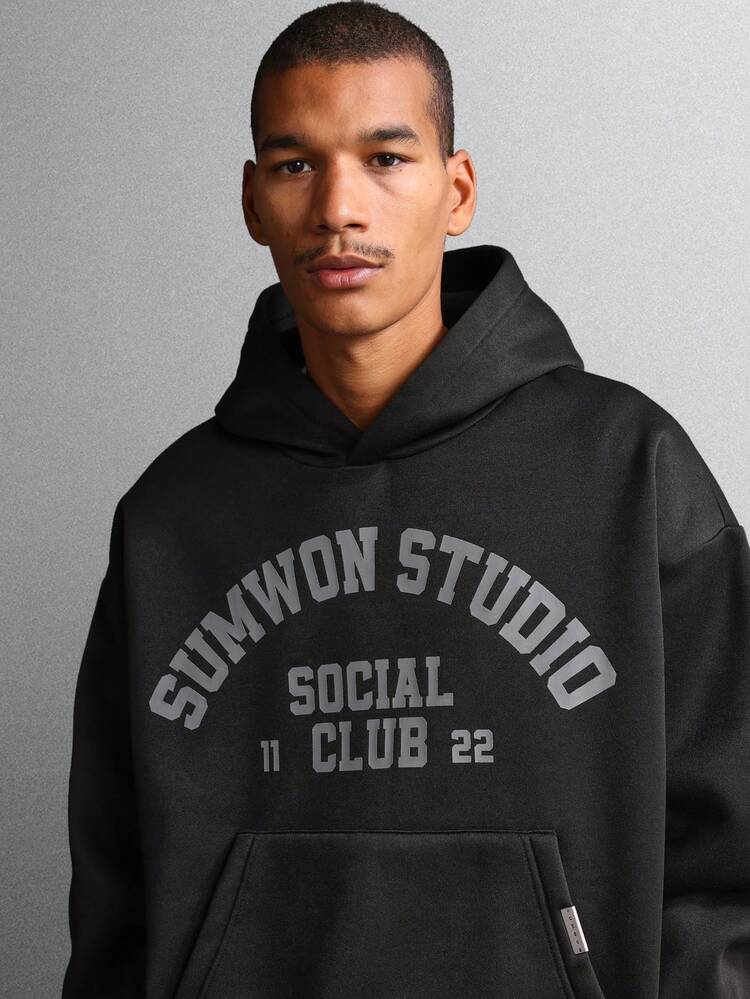 Classic Pullover Hoodie With Centre Pocket And Varsity Print