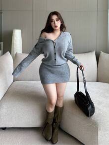 Flirla 大码女式纯色翻领纽扣前针织毛衣裙，适合秋冬季、返校/通勤穿着 - 灰色 - 查看 5