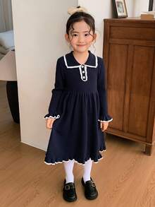 DAZY Gaun Rajut Kasual Anak Perempuan dengan Warna Kontras dan Hiasan Ruffle, Musim Gugur/Dingin - Navy Blue - View 5