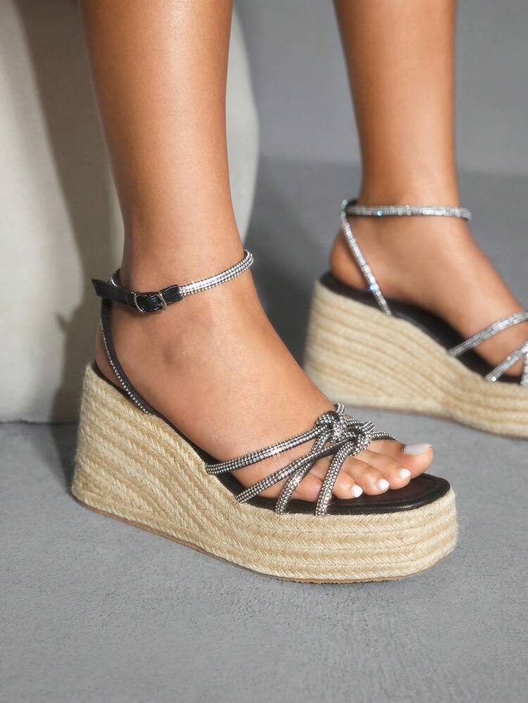 CUCCOO SZL Women's Wedge Thick Bottom Jute Rope Rhinestone Sandals