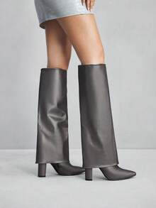 CUCCOO SZL Women's Pointed Toe Thick High Heel Boots, Silver PU Fabric Double Layer Design, Fashion Minimalist For Daily, Party, Banquet, Side Zipper - Silver - View 8