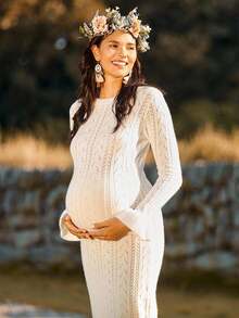 Boho Mama Umstandsmode einfarbiges Rundhals Langarm gestricktes lässiges langes Sweaterkleid - Weiss - Übersicht 2