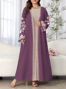 SHEIN Najma Plus Size Women's Floral Print Long Sleeve Casual Arabic Abaya, Spring/Autumn Open Abaya - Multicolor - View 3