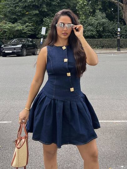 NegzBox Women's Denim Dress Metal Button Decoration Irregular Placket Pleated Dress Blue Dress Women Metal Button Half Placket Round Neck Sleeveless Pleated Hem Fashion Denim Dress Y2k Clothes Street Wear Women Women Denim Outfit Western Dress Y2k Women Clothes Birthday Women Outfits Blue Women Dresses Western Dress Western Women Dresses Mini Dress, Old Money, Business Casual Woman