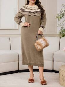 Modelyn 大码几何图案针织连衣裙，秋冬休闲装 - 薄荷綠 - 查看 5