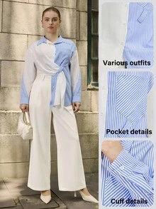 Calvaya Plus Size Women's New Commuting Elegant Casual Striped Patchwork Asymmetrical Long Sleeve Blouse Fall Cloth For Women - Multicolor - View 1