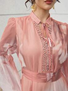 SHEIN Najma Elegant Romantic Floral Collar, Floral Lace Patchwork Hem With Wide Ruffle Trim, Women Loose Fashionable Young Romantic Vacation Style Dress Luxury Dress For Women Pink Chiffon Dress - Multicolor - View 3