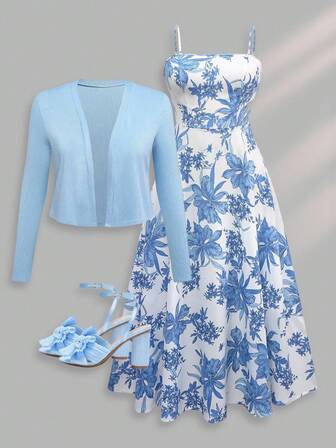 Franclia Plus Size Women 2pcs/Set Solid Color Open Front Long Sleeve Jacket And Floral Print Cami Dress, Vacation Island Outfit For Spring Fall Cloth For Women