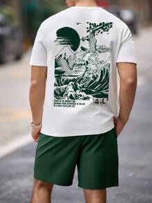 Claim Dot Men's Original Green Japanese Crane Ukiyo-E Landscape Print T-Shirt Set & Shorts, Suitable For Summer, 2 Pieces Outfits, Cozy Outfits