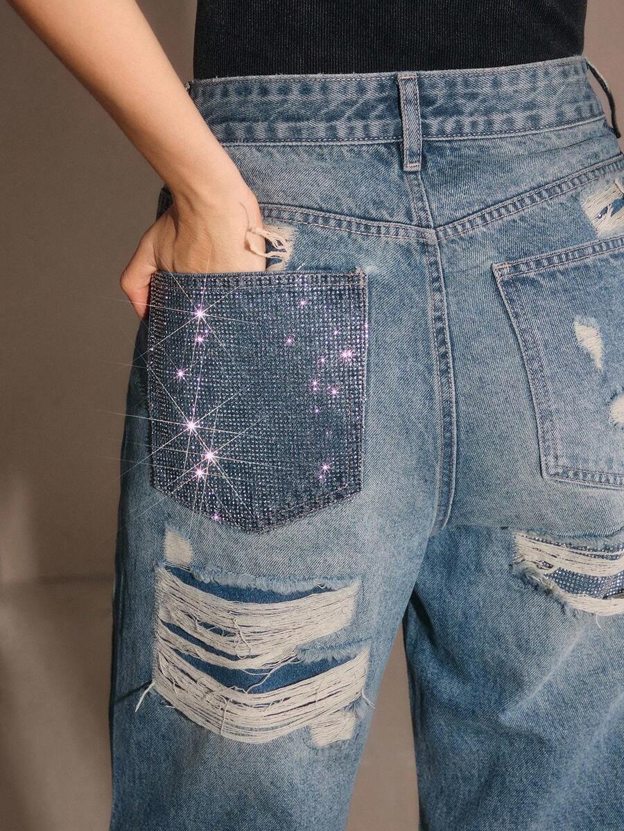 Anewsta Jeans rectos de mujer con efecto desgastado y adornos de rhinestones - Azul - Ver 1