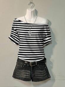 Attitoon 黑色和灰色条纹休闲宽松超大落肩短袖 T 恤女士，适合外出，风格核心美学，美学风格，哥特式网络符号主义，网络符号主义，万圣节，Y2K，街头服饰，复古，垃圾摇滚，朋克，返校节 - 彩色 - 查看 1