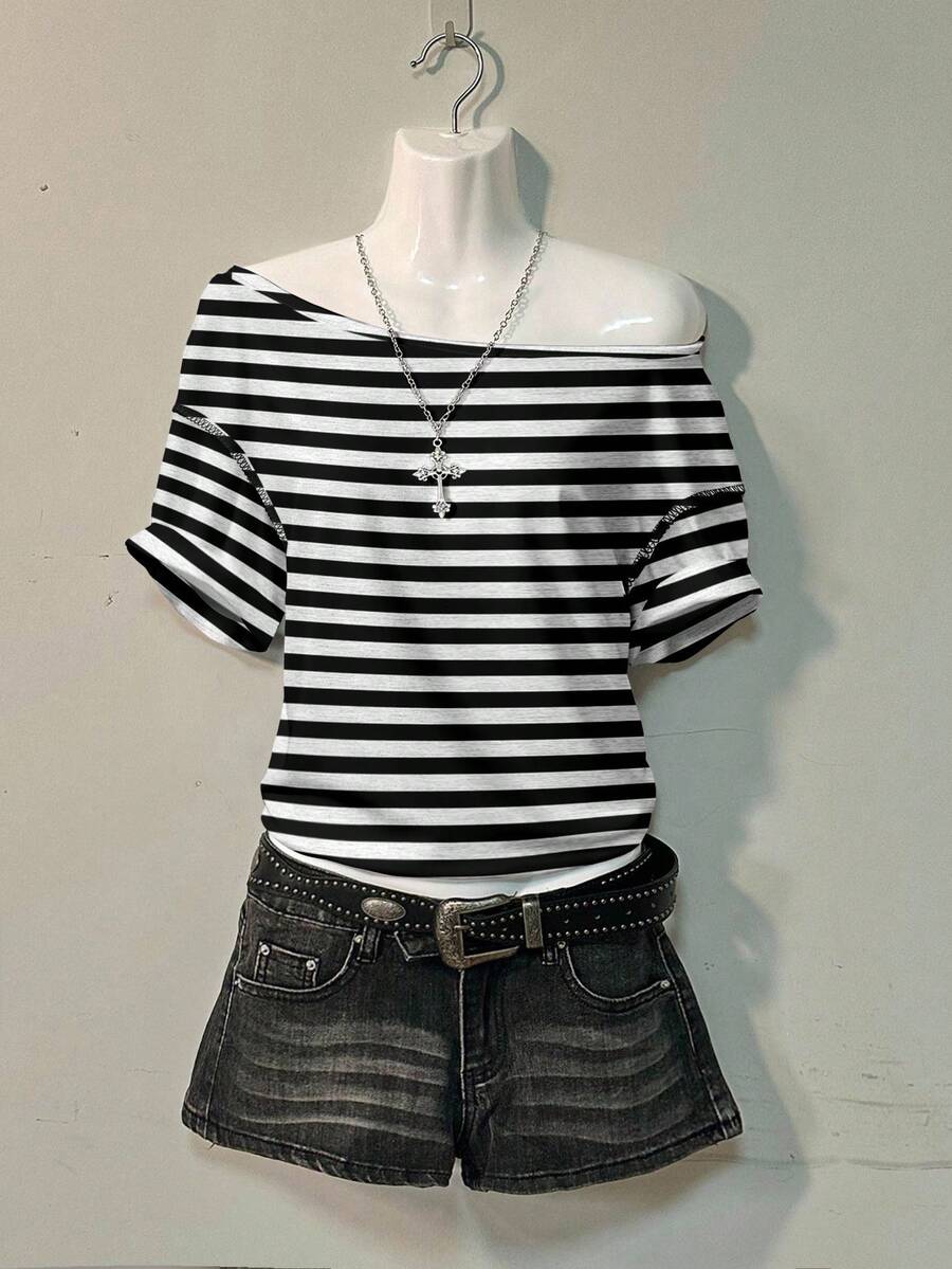 Attitoon 黑色和灰色条纹休闲宽松超大落肩短袖 T 恤女士，适合外出，风格核心美学，美学风格，哥特式网络符号主义，网络符号主义，万圣节，Y2K，街头服饰，复古，垃圾摇滚，朋克，返校节 - 彩色 - 查看 1
