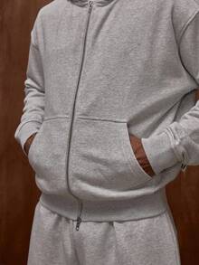 Musero Oversized Premium Boxy Double Pocket Jersey Double Zip Through Hooded Jacket Fall/Autumn Winter - Grey - View 6