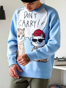 Claim Dot Men's Baby Blue Cute Christmas Cartoon Cat Pattern Crew Neck Loose Fit Casual Sweater - Blue - View 6