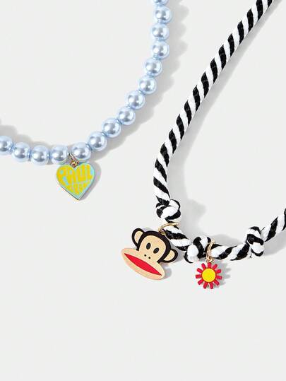 Paul Frank X ROMWE Colorful Faux Pearl Cartoon Pendant Layered Necklace