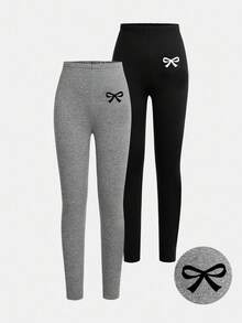 SHEIN Set de 2 piezas de pantalones acampanados con cintura de cordón y estampado de letras y lazos, en negro y gris, para niñas, para otoño/invierno - Multicolor - Ver 1