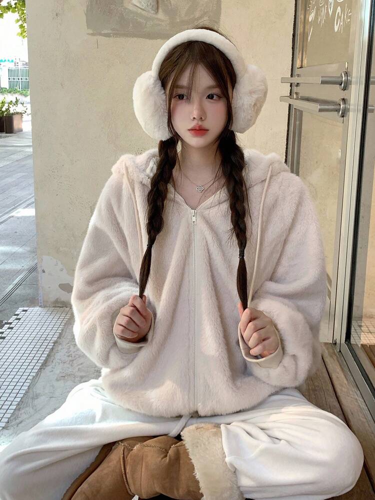 DAZY 女士纯色连帽宽松休闲仿皮草大衣，韩版夹克 - 藕粉色 - 查看 5