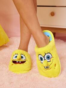 SpongeBob SquarePants | SHEIN Dép đi trong nhà chống trượt họa tiết hoạt hình thêu dễ thương thời trang cho nữ, chất liệu vải mềm mại, ấm áp, đế bền, phù hợp cho phòng ngủ, phòng máy lạnh, mùa xuân, thu, dành cho cả nam và nữ - Màu vàng - Xem 2