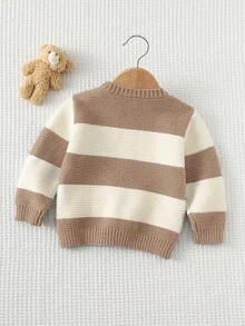 Cozy Pixies Baby Boy Cartoon Bear Striped Pattern Crew Neck Long Sleeve Sweater,In Fall/Winter