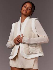 Athîral Women's Sherpa-Trim Quilted Vest Jacket,Soft Padded Nylon Fleece Edging Collarless Sleeveless Relaxed Fit,Beige,Autumn,Casual,Occasion Outerwear - Multicolor - View 3