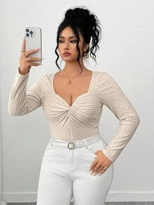 Elenzga Plus Twist Front Sweetheart Neck Tee - Beige - View 4