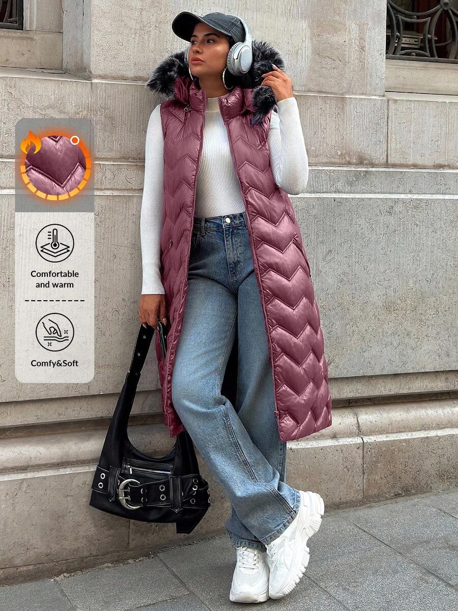 SHEIN Cottnline Waterproof Quality, Faux Fur Hooded Long Line Purple Puffer Winter Vest, Elegant Quilted Vest Burgundy Maroon - Purple - View 1