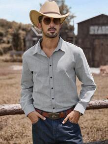 Manfinity Nomadique 男士成熟度假格子梭织长袖衬衫 西部衬衫 男士方格衬衫 男士牛仔衬衫 男士竞技衬衫 男士户外音乐节、夜店酒吧、男友/丈夫礼物、周年纪念礼物、秋季 - 藏蓝色 - 查看 5