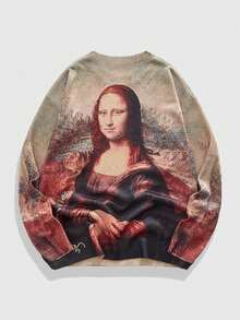 ROMWE MEN Street Life Men's Fashion Casual Mona Lisa Pattern Crew Neck Knit Sweater, Fall Winter