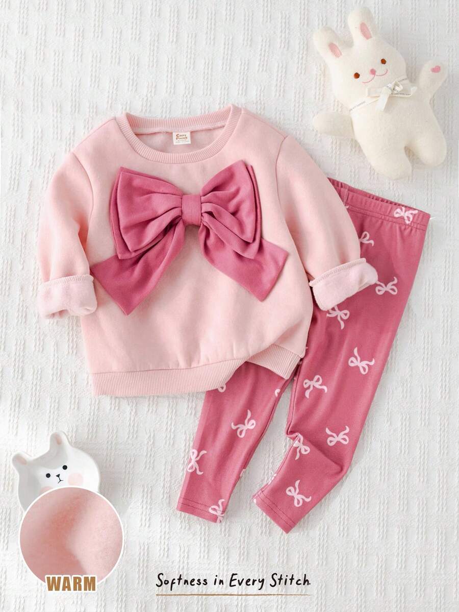 Cozy Pixies 2pcs Baby Girl Outfit: Crew Neck Long Sleeve Top With 3D Bow Decor & Elastic Waist Butterfly Print Leggings Set Fall Winter - Pink - View 1