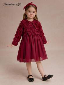 1 Set Burgundy Formal Dress With Short Jacket, 3D Rose Decor, Sleeveless Mesh Skirt, Wedding, Summer Traditional Christmas Party Dress For Young Girl - Burgundy - View 6