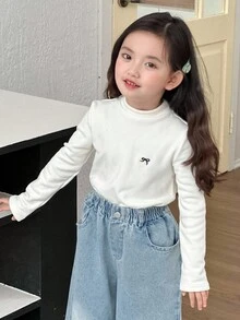 DAZY 女童圆领针织保暖内衬蝴蝶结刺绣长袖T恤，秋季款 - 白色 - 查看 7