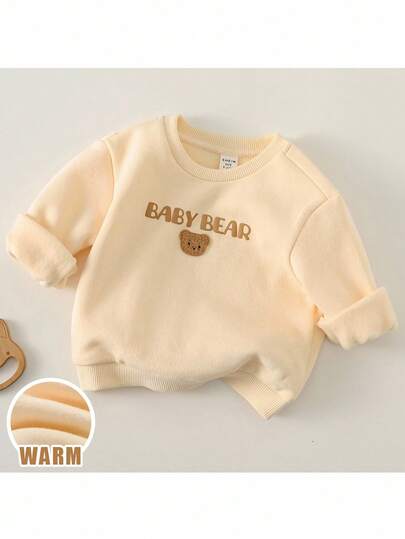 Loomiva 男婴/女婴纯色字母和卡通熊图案圆领长袖套头衫，秋冬