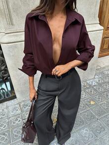 Aloruh Áo sơ mi tay dài cổ đứng đa năng, thường ngày đi làm màu đỏ tía mới thu/đông dành cho nữ - Màu Đỏ Sâu - Xem 6