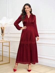 Ellevyn Women's Elegant Burgundy Long Sleeve Lace Patchwork Dress - Burgundy - View 6
