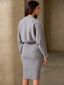 GENKIRA 2pcs Set: Beaded Long Sleeve Top & Slip Dress - Grey - View 6